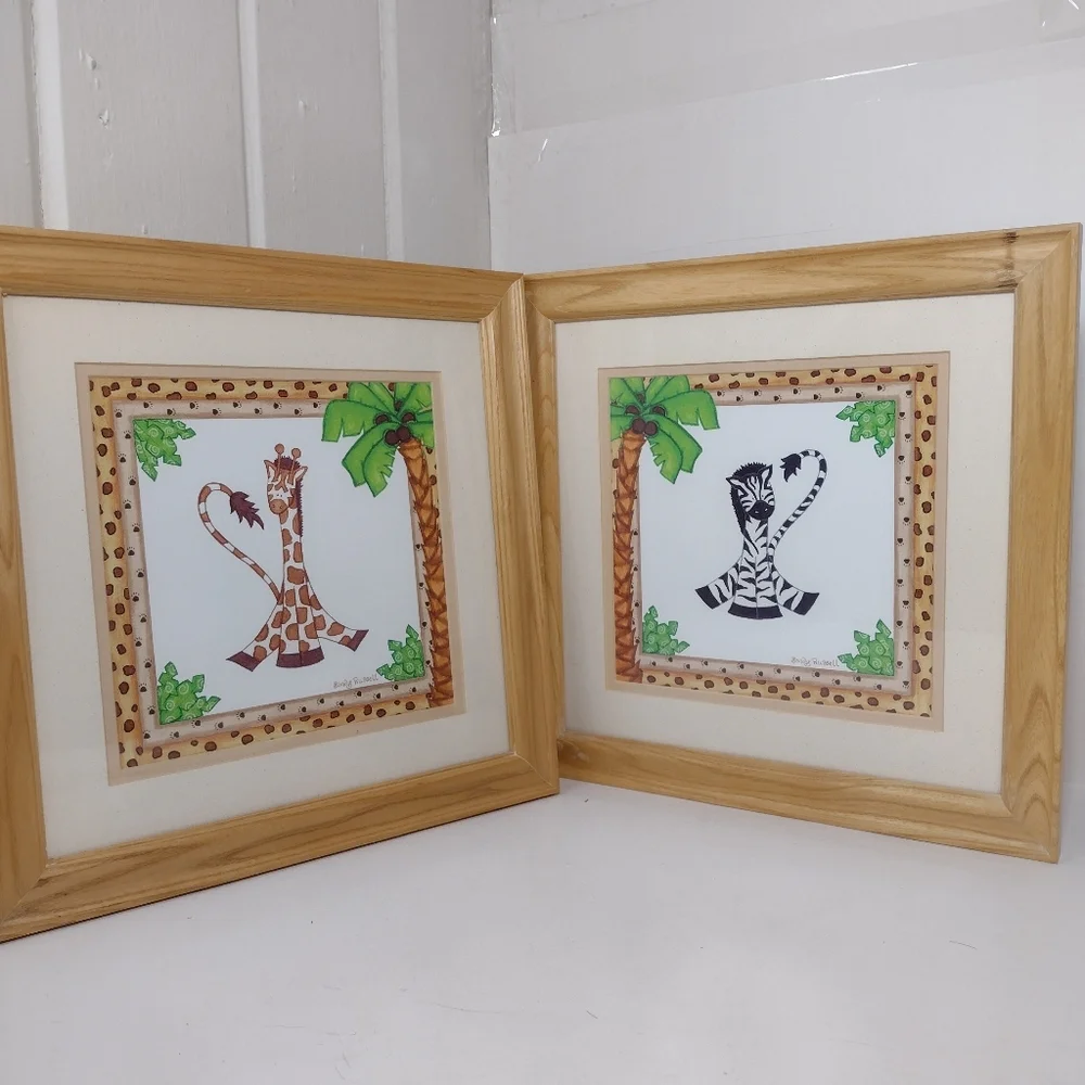 Sandy Russell Whimsical Zebra & Giraffe Framed Art Set - Green, Black, Brown. Se